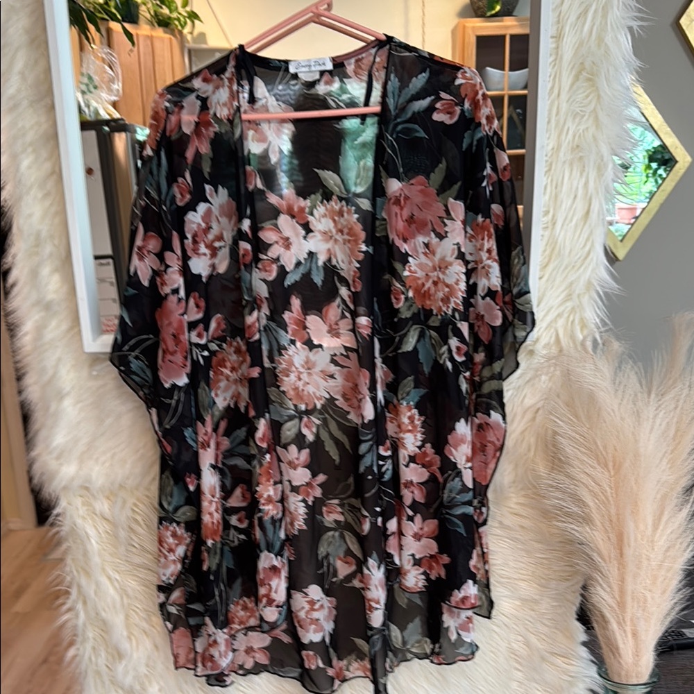 Emory Park Sheer Floral Kimono Cover Up Boho Duster 2X